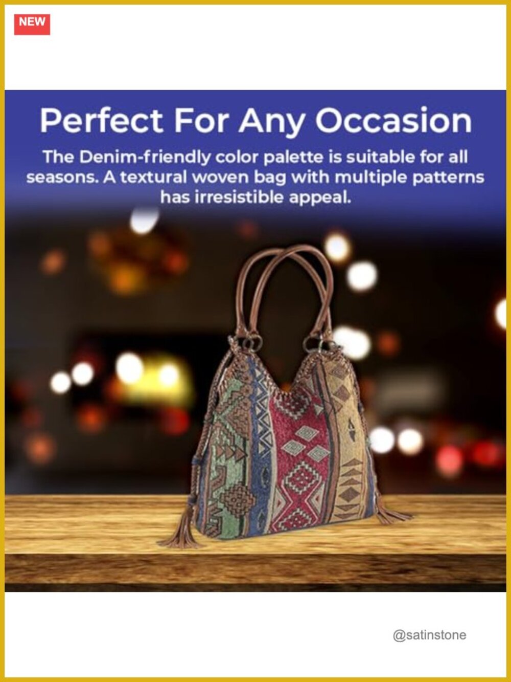Tapestry Hobo Bag with Snap Closure, Lined Interior, Pockets, Double Handles 21" - Picture 4 of 6